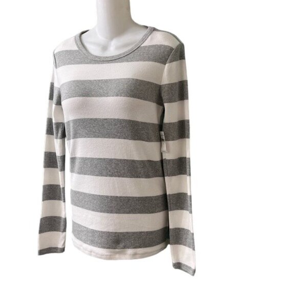 GAP Women The Modern Tee Gray & White Striped Long Sleeve Crewneck Supima Cotton - Picture 3 of 9